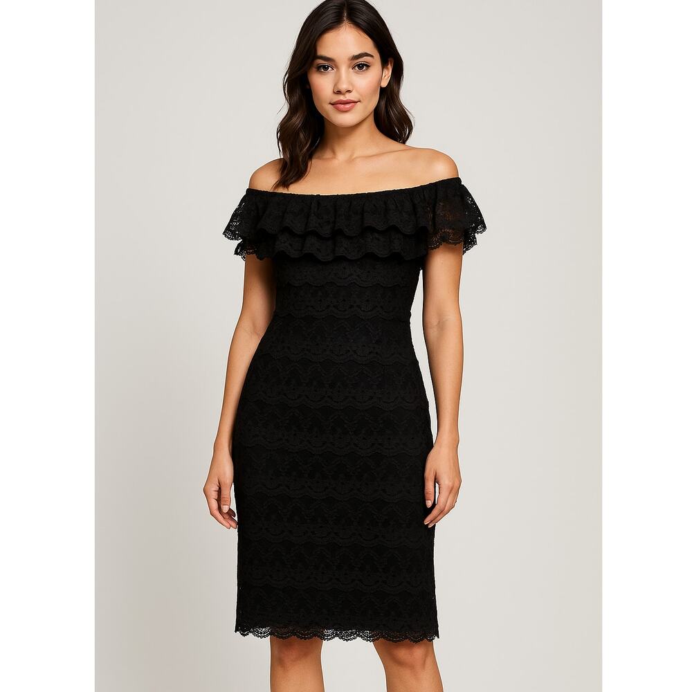 Vintage Tadashi Shoji Lace Raffle Off the Shoulder Dress Black Size S Formal